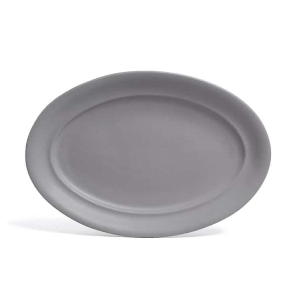 Rimmed 16 in. Semi-Matte Charcoal Gray Hand-Finished Stoneware Oval Serving Platter