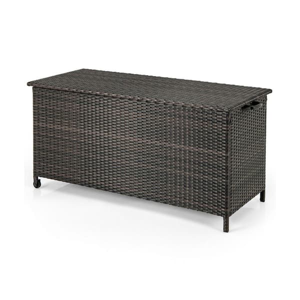 WELLFOR 85 gal. PE Rattan Deck Box with Waterproof Liner and Wheels, Brown
