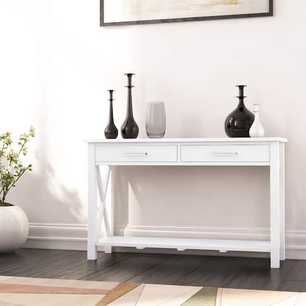 Simpli Home Kitchener 47.4 in. W White Rectangle Wooden Sofa Console Table with 2 Drawers