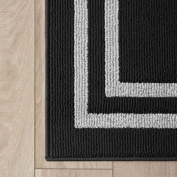 Washable Skid Resistant Black/Twisted Grey  2.5 ft. x 10 ft. All Loop Tufted Area Rug