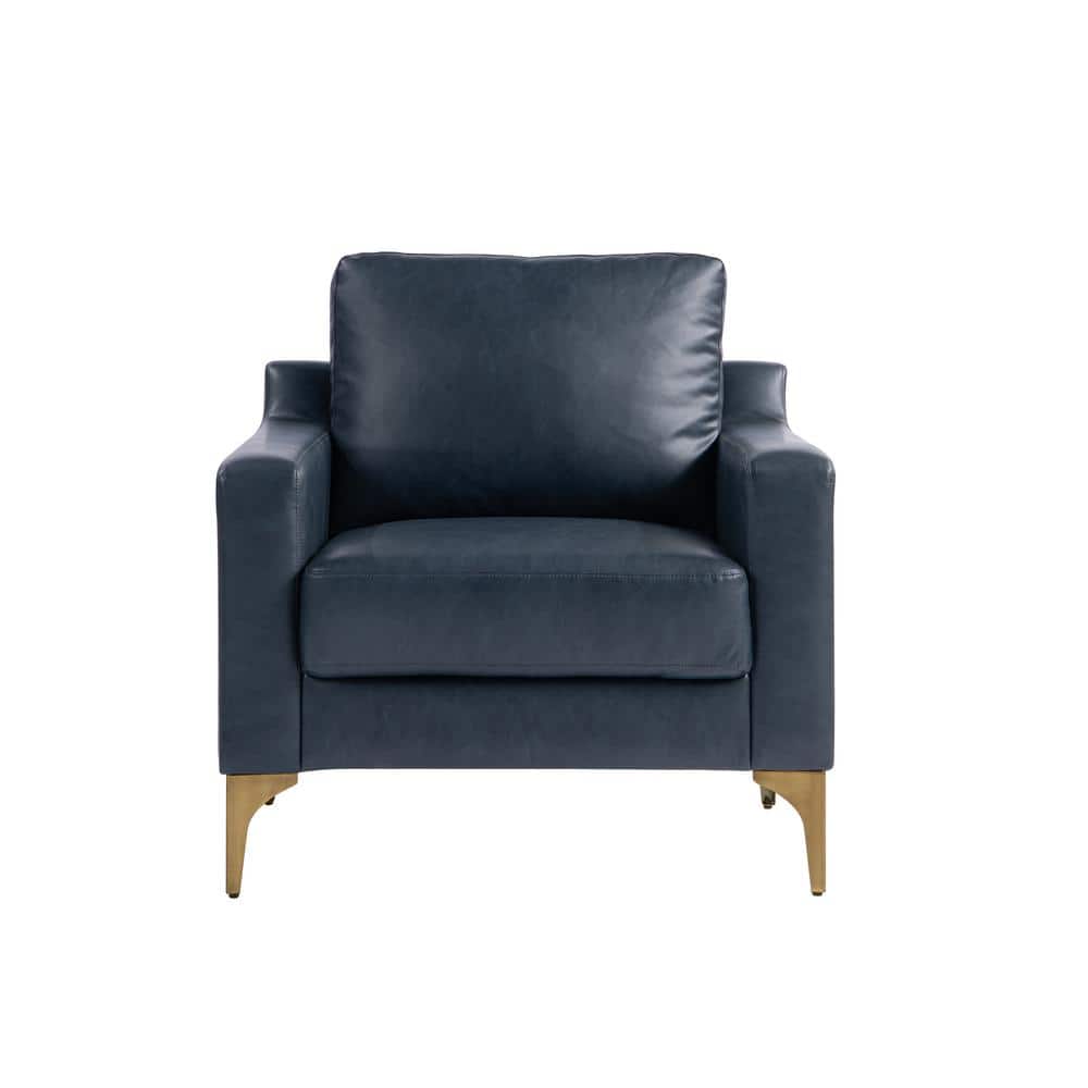Navy Blue Faux Leather and Wood Accent Chair