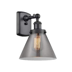 Ballston Urban Cone 8 in. 1-Light Matte Black Wall Sconce with Plated Smoke Glass Shade