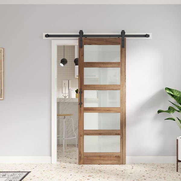 32 in. x 80 in. 5 Lite Frosted Glass Brown Finished Solid Wood Sliding Barn Door with Hardware Kit