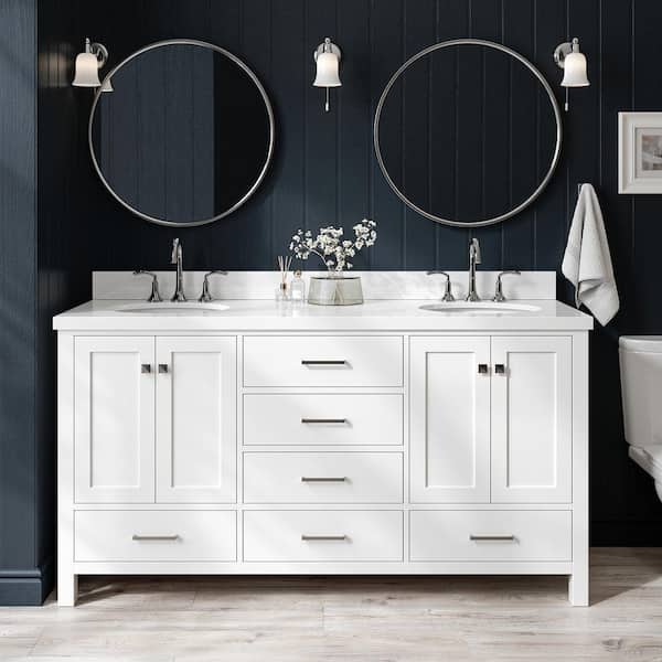ARIEL Cambridge 67 in. W x 22 in. D x 36 in. H Double Bath Vanity in White with Pure White Qt. Top with White Basins