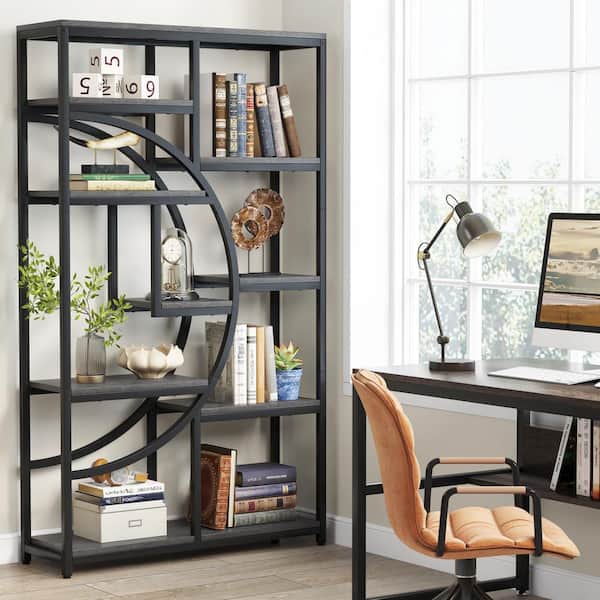 Eulas 68.89 in. Tall Gray and Black Wood 9-Shelf Bookcase Bookshelf with Storage Shelves for Home Office, Living Room