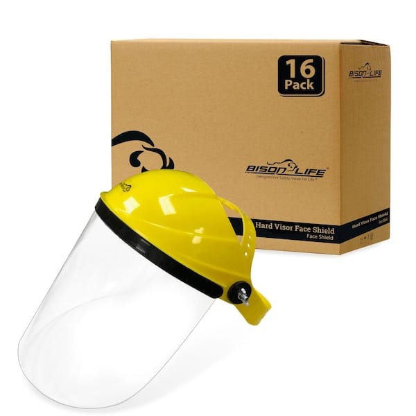 Full Face Safety Face Shield with Clear Polycarbonate Hard Visor, Lightweight and Reusable Headgear, Yellow (16-Pack)