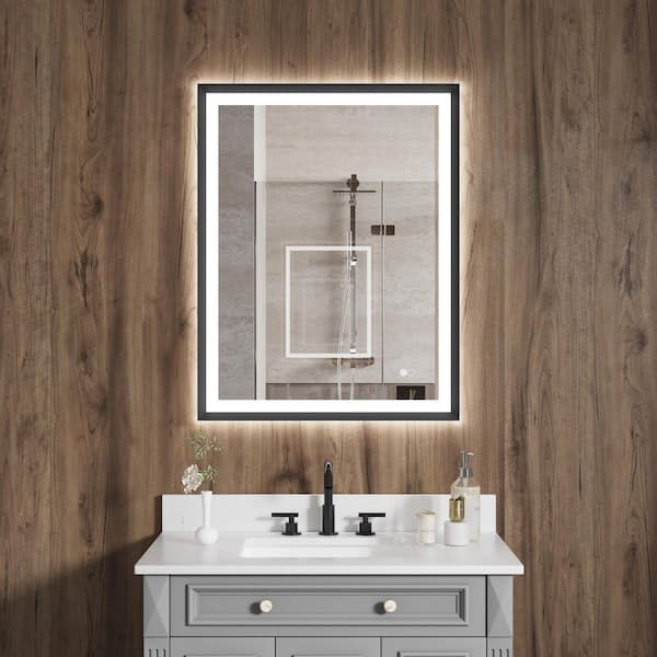 FORCLOVER 28 in. W x 36 in. H Medium Rectangular Framed Anti-Fog Back Light LED Wall-Mounted Bathroom Vanity Mirror