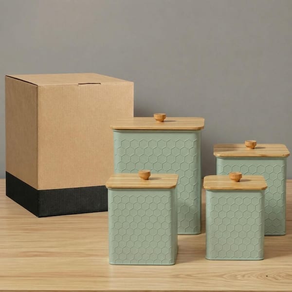 4-Piece Sage Green Iron Kitchen Canister Set with Bamboo Lids and Honeycomb Pattern
