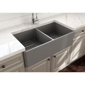 Classico Farmhouse Apron Front Fireclay 33 in. Double Bowl Kitchen Sink with Bottom Grid and Strainer in Matte Gray