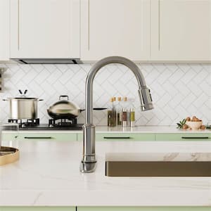 PULL Single-Handle Wall Mount Gooseneck 3-Modes Pull Down Sprayer Kitchen Sink Faucet with Deckplate in Brushed Nickel