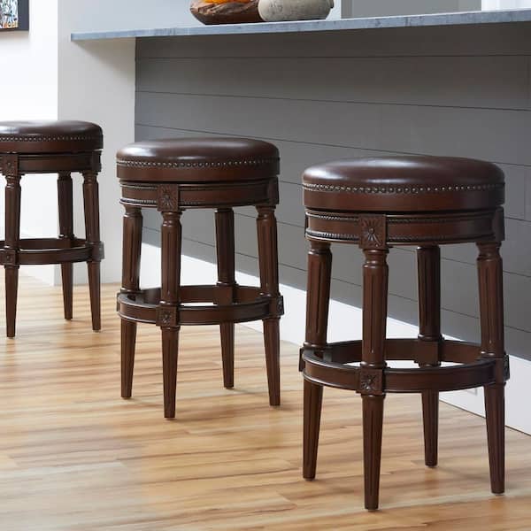 Walnara 31 in. H Walnut Backless Wood Frame Bar Height Swivel Bar Stool with PU Leather Seat (1-Pack)