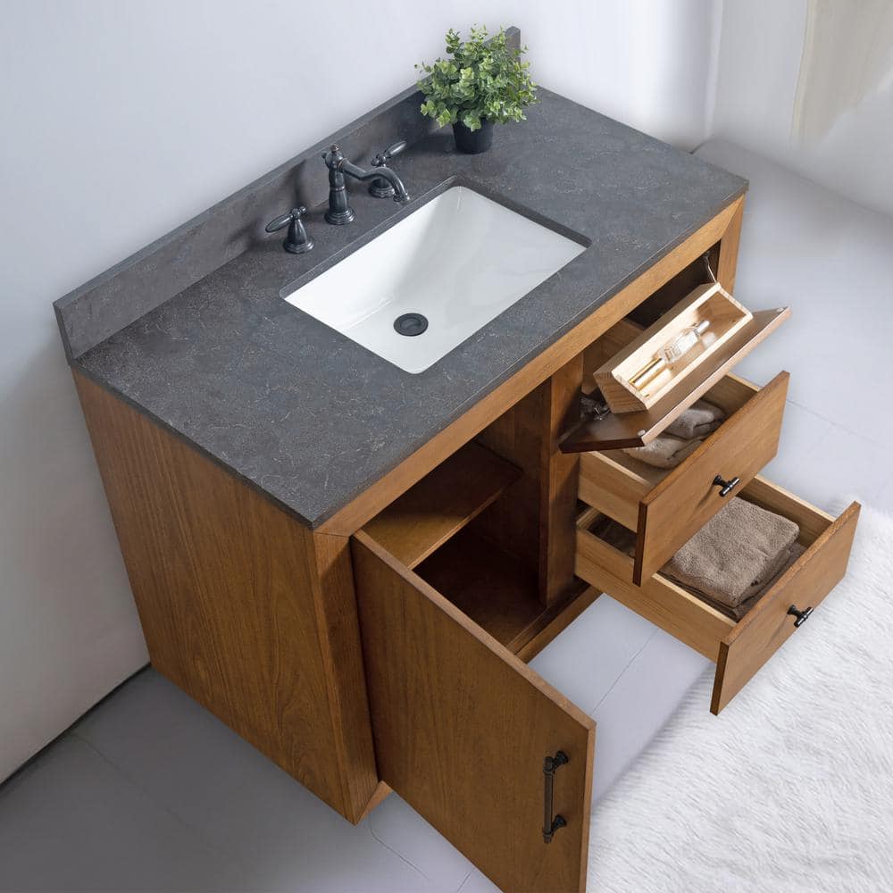 Tan 42" Single Bathroom Vanity with Black Limestone Top