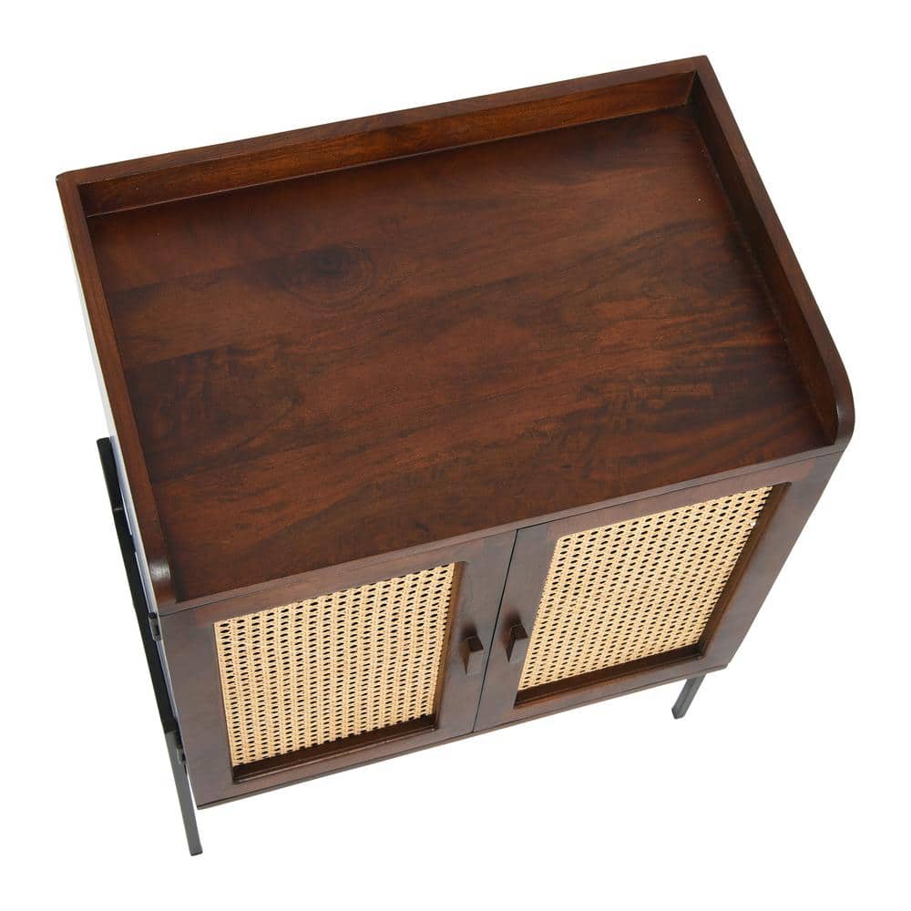 Walnut and Natural Boho Wood Bar Cabinet with Cane Doors