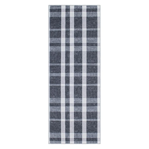 World Rug Gallery Contemporary Modern Plaid Machine Washable 2'6"x10' Black Runner Rug