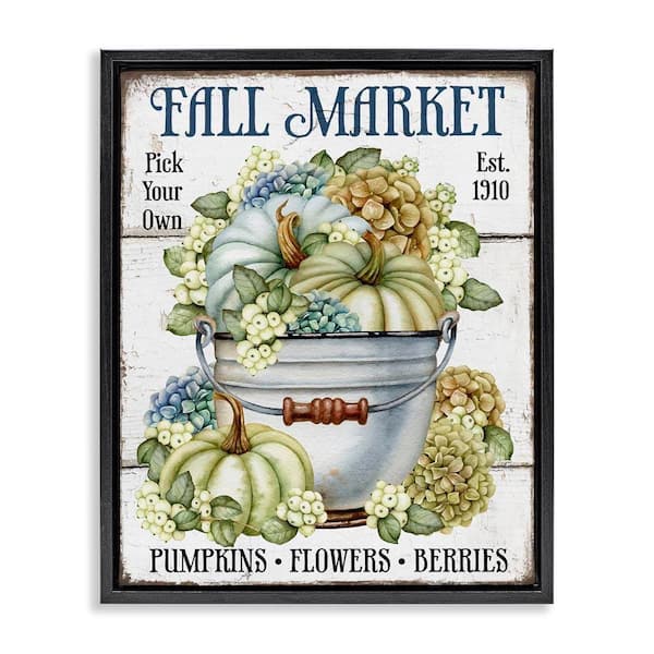 Vintage Pumpkins and Hydgrangea by Creatif Belle Black Floater Frame Graphic Typography Art Print 31 in. x 25 in.