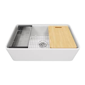 Derbyshire 33 in. Ceramic Single Bowl Farmhouse Apron Workstation Kitchen Sink with Accessories in White