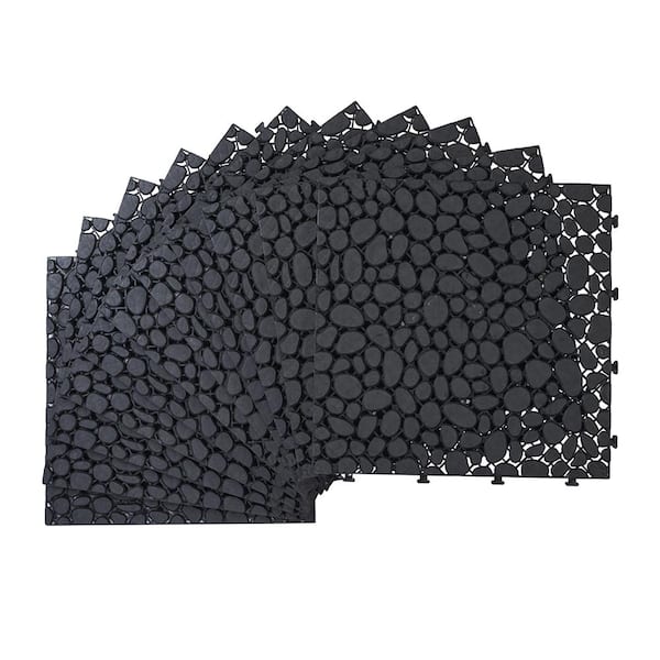 BTMWAY Black 1 ft. x 1 ft. Square All-Weather Plastic Waterproof Outdoor Interlocking Deck Tiles Pebble Stone Pattern(60-Pack)