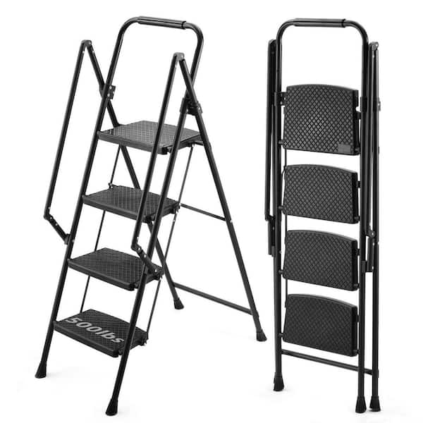 4-Step Lightweight Steel Folding Step Ladder (9 ft. Reach), Wide Anti-Slip Pedal and Safety Handle, 500 lb. Capacity