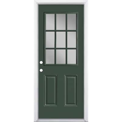 32 in. x 80 in. 9-Lite Right-Hand Inswing Conifer Painted Steel Prehung Front Exterior Door with Brickmold