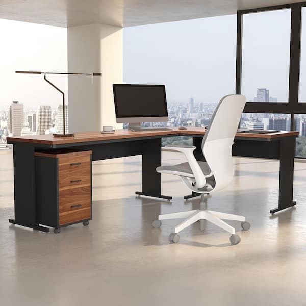 Capen 83 in. L-Shaped Brown Wood 3-Drawer Executive Desk Computer Desk Work Desk Corner Computer Table with File Cabinet
