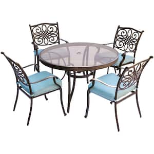 Seasons 5-Piece Aluminum Outdoor Dining Set with Blue Cushions with 48 in. Glass-Top Table