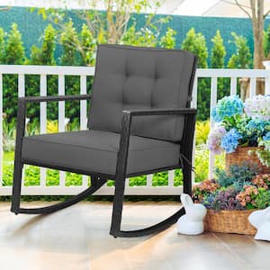 Black Wicker Rattan Outdoor Rocking Chair with Gray Cushions