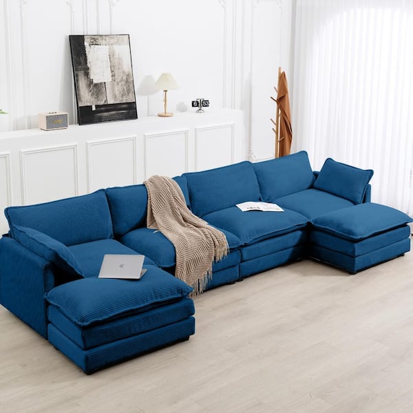 147 in. W 6-Piece Modern Fabric Sectional Sofa with Ottoman in Navy
