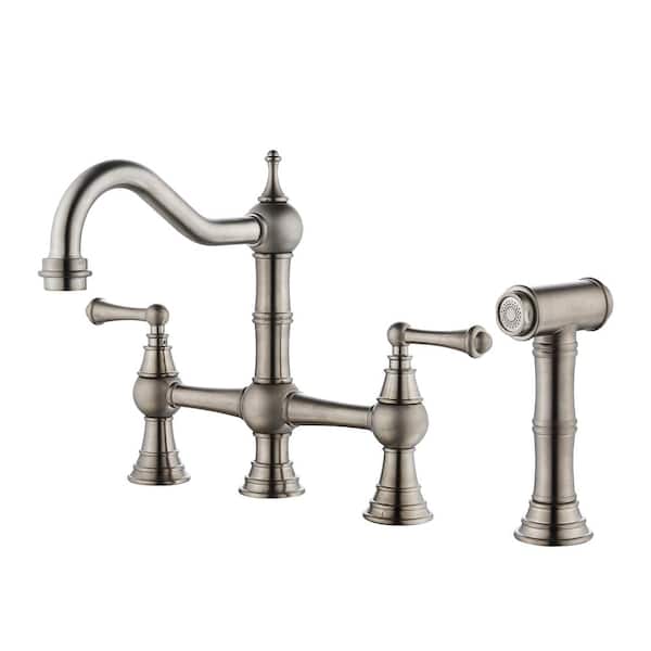 Mondawe Double Handle Solid Brass Hot and Cold Bridge Kitchen Faucet with Pull Out Side Spray in Brushed Nickel