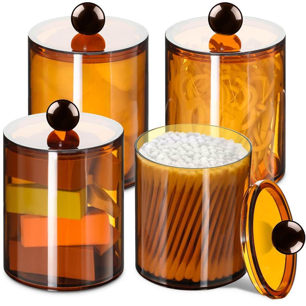 4 Pack Qtip Canister Apothecary Jars with Lids, 10-12 oz Plastic Bathroom Storage Set, Brown, Durable price history on PriceWatchPro