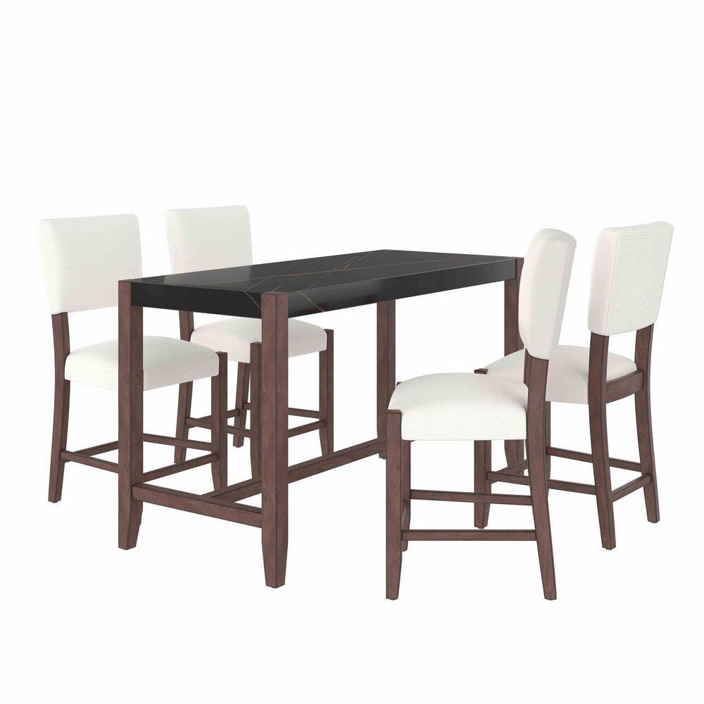 5-Piece Rectangular Black/Beige Wood Top Dining Table Set Seats 4 with Faux Marble Bar Table and 4 Upholstered Chairs