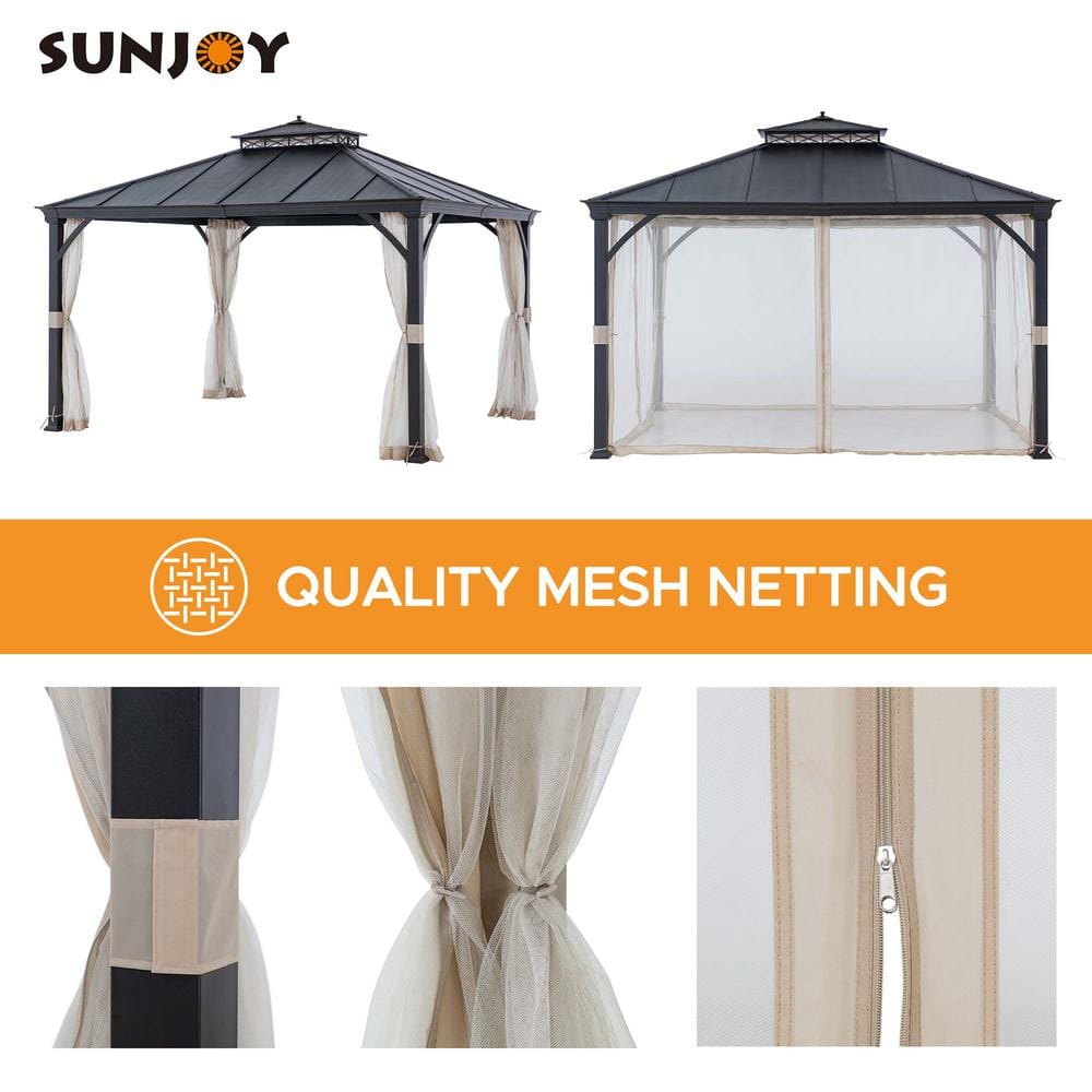 Sunjoy Black Metal 11x13 ft Hardtop Gazebo with Mesh Netting