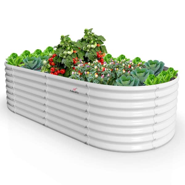 Runesay 72 in. Outdoor Alloy Steel Quartz Antique White Galvanized Raised Garden Bed Oval Planter Boxes for Vegetables Flowers