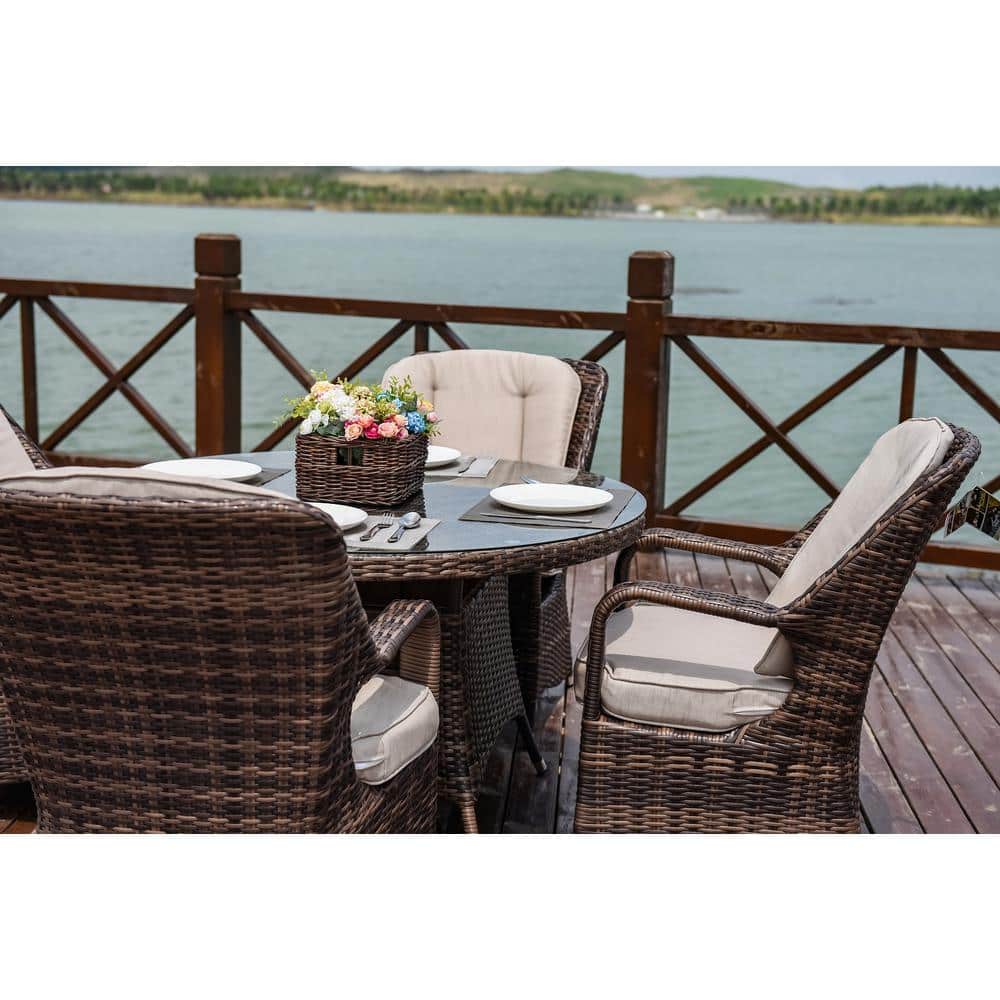 Brown Wicker 5-Piece Round Outdoor Dining Set with Beige Cushions