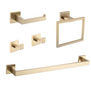 5-Pieces Bath Hardware Set with Mounting Hardware Included in Brushed Gold