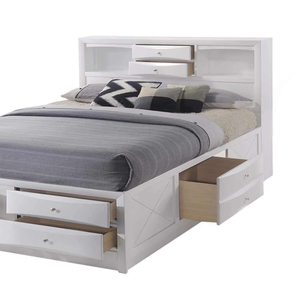 Elegant Full-Size White Wood Frame Storage Bed with Bookcase Headboard