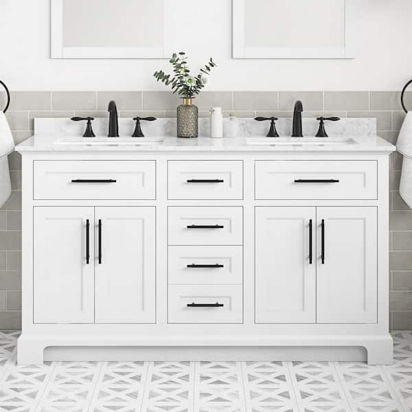 Doveton 60 in. Double Sink Freestanding White Bath Vanity with White Engineered Marble Top (Assembled)