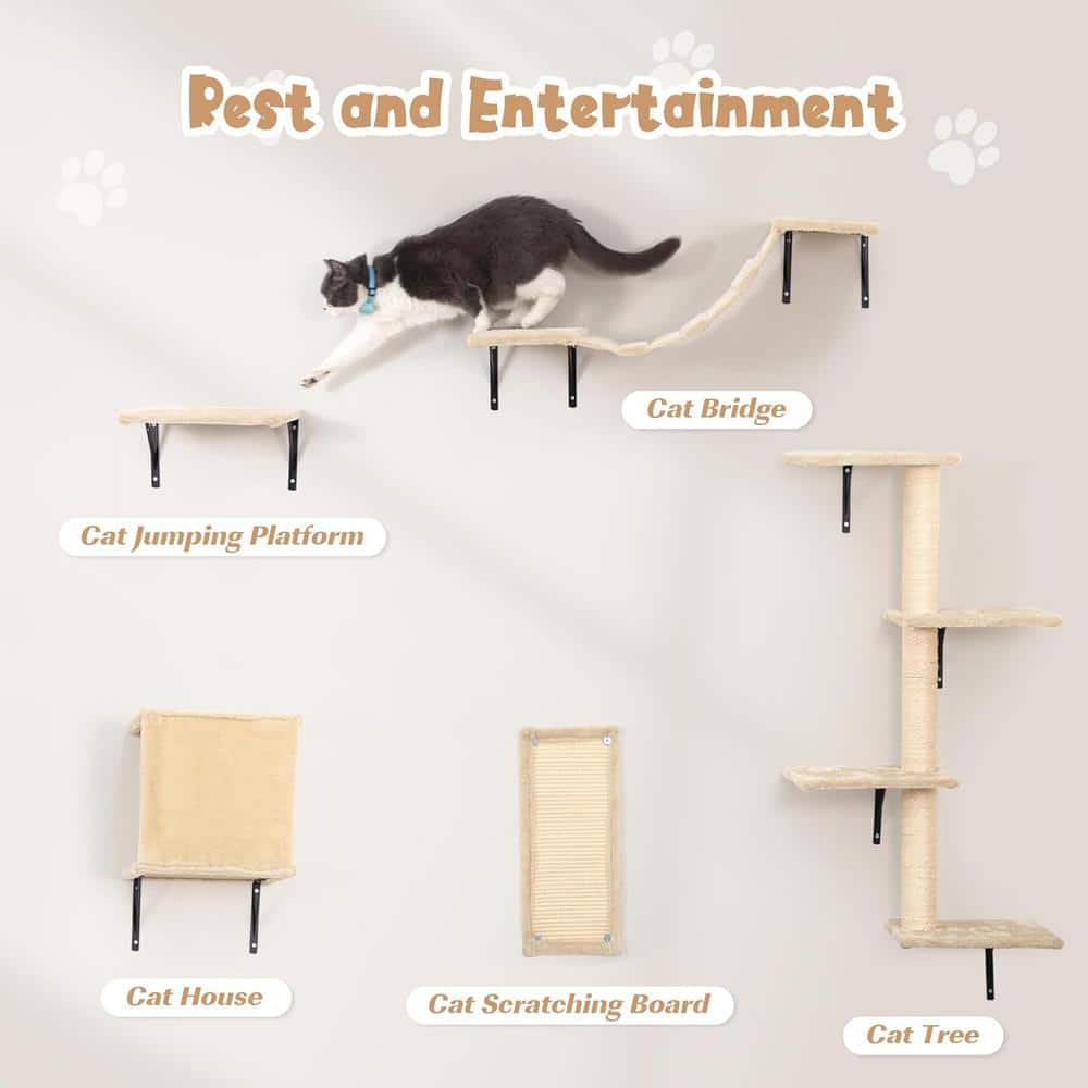 Beige Wall Mounted Cat Climber Set with Sisal Scratching Posts