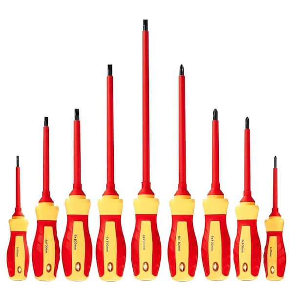 1000-Volt Insulated Screwdriver Set 8.69 in. Shank 9 Bit Red Professional Electrician Tool 9-Piece Magnetic Tips