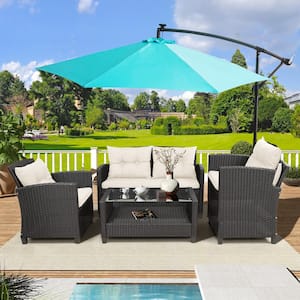 10 ft. Cantilever Iron Patio Offset Lighted Hanging Umbrella in Blue