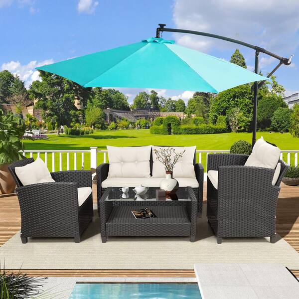 10 ft. Cantilever Iron Patio Offset Lighted Hanging Umbrella in Blue