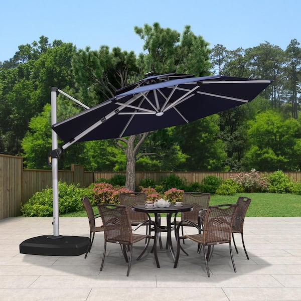 PURPLE LEAF 11 ft. Octagon Aluminum Solar Powered LED Patio Cantilever Offset Umbrella with Wheels Base, Navy Blue