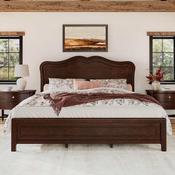 Retro Style Dark Walnut Brown Wood Frame King Size Platform Bed with Elegant Wave Headboard and Extra Support Legs