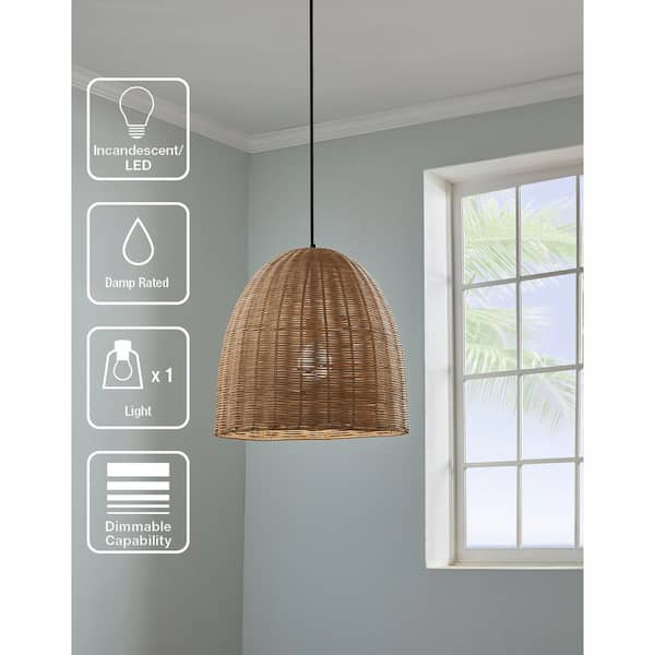 Highler 60-Watt 1-Light Matte Black Hanging Shaded Pendant Light with Natural Rattan Shade