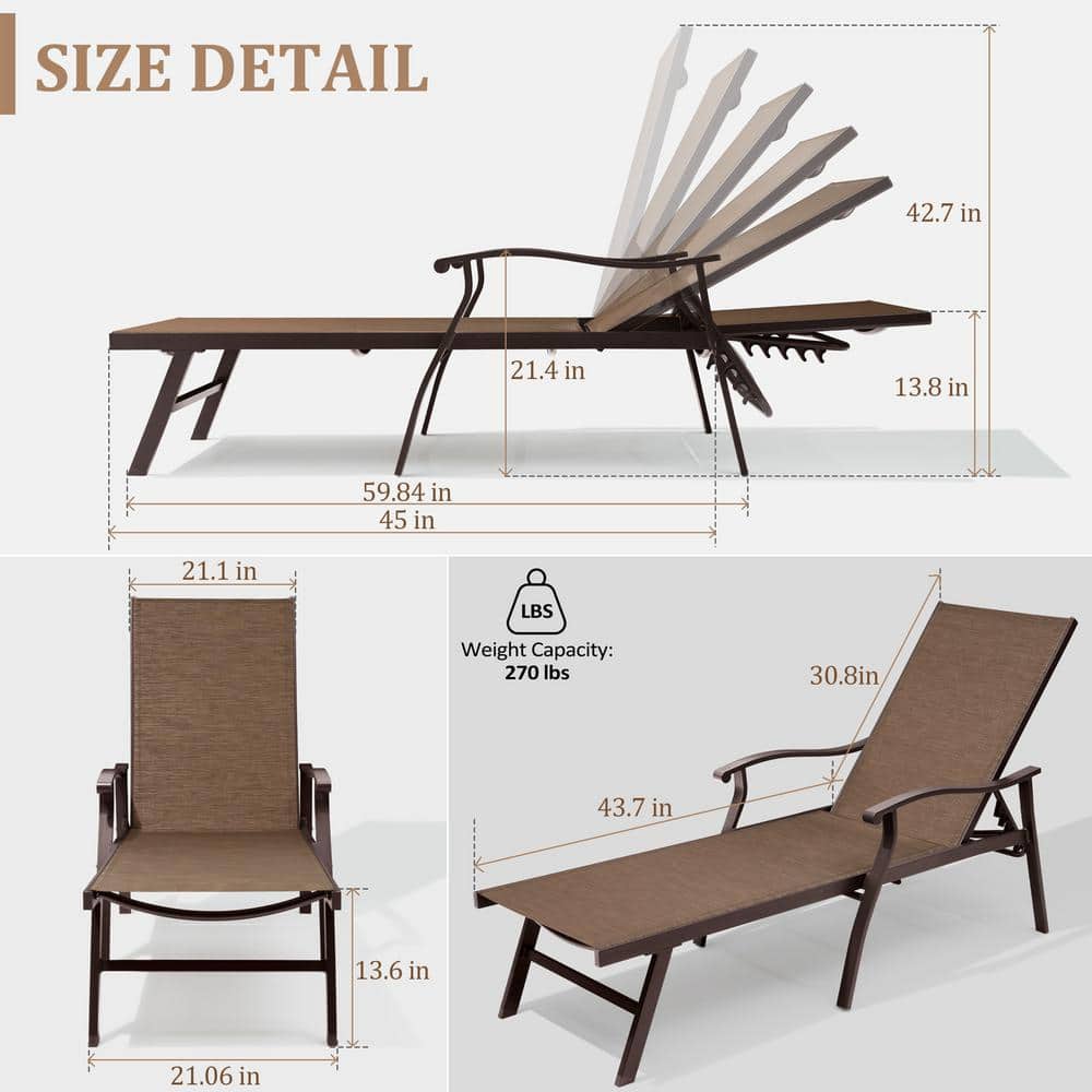 Elegant Brown Aluminum Adjustable Outdoor Chaise Lounge with Curved Armrests