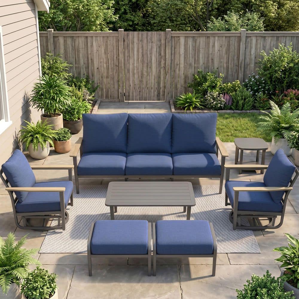 Modern Powder-Coated Aluminum 7-Piece Patio Conversation Set with Swivel Rocking Chairs and Navy Blue Olefin Cushions price history on PriceWatchPro