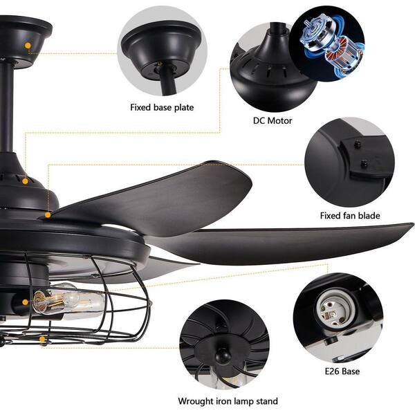 Jushua 52 in. Modern Black Cage Reversible Blades Downrod Mount