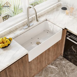 White Fireclay 36 in. Single Bowl Farmhouse Apron Kitchen Sink with Faucet and Accessories All-in-one Kit