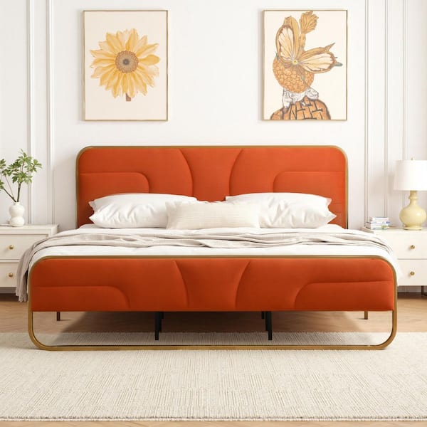 Orange Frame King Size Soft Velvet Platform Bed with 10 in. Under Bed Storage Supported by Metal and Wooden Slats
