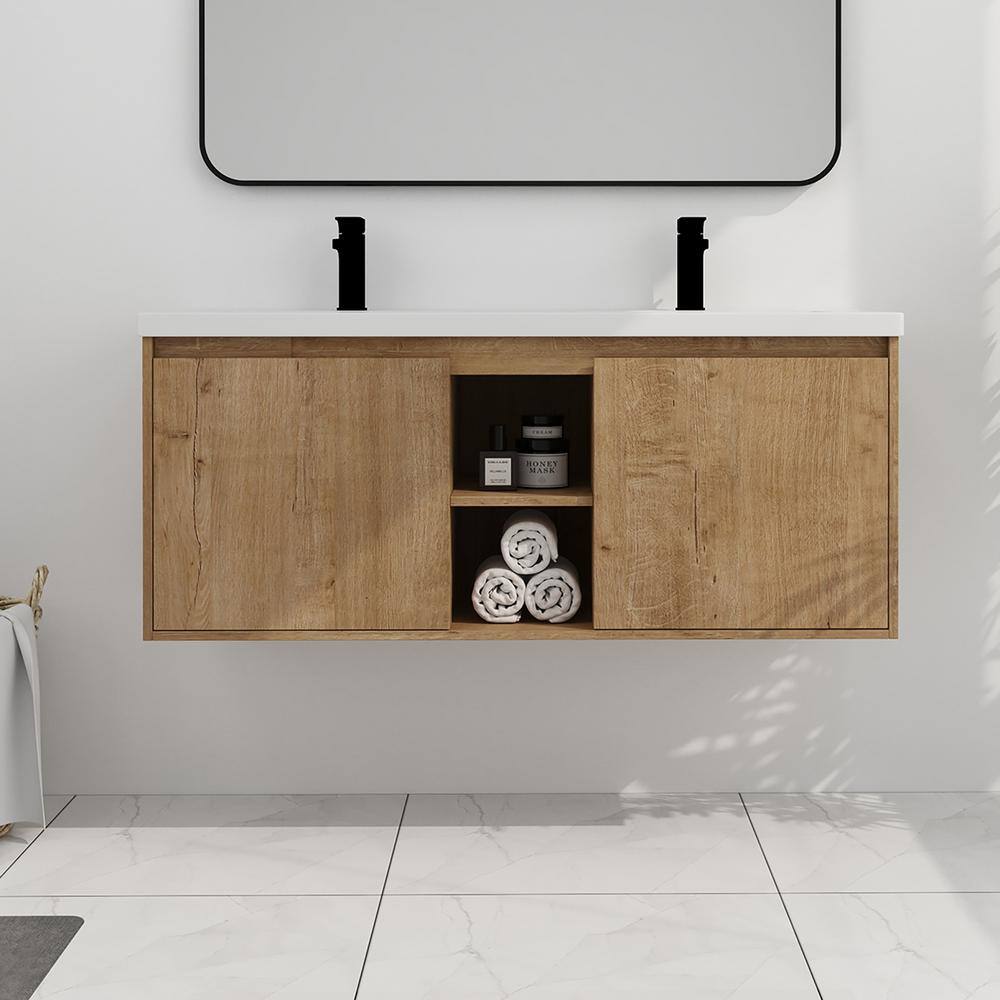 48 in. W x 18.5 in. D x 21 in. H Floating Bath Vanity in Imitative Oak with White Double Resin Sink price history on PriceWatchPro