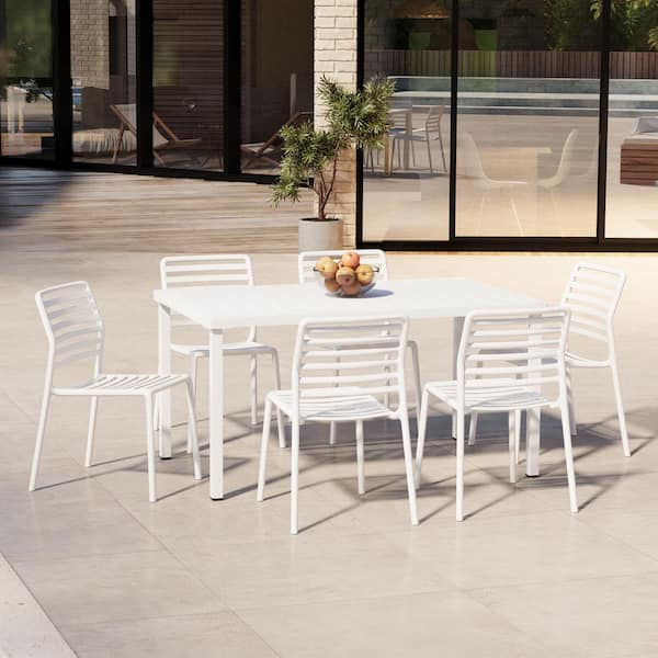 Frond and Form Outdoor Patio Modern 7-Piece Rectangular Steel Table, 6 Stackable HDPE Plastic Chairs Dining Set, White